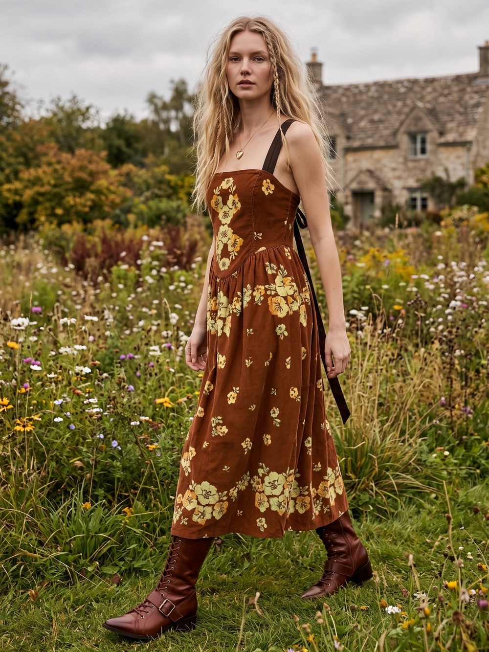 Free People Dainty Cottage Micro Corduroy Until Dawn Midi Dress Brown Large - Picture 16 of 17